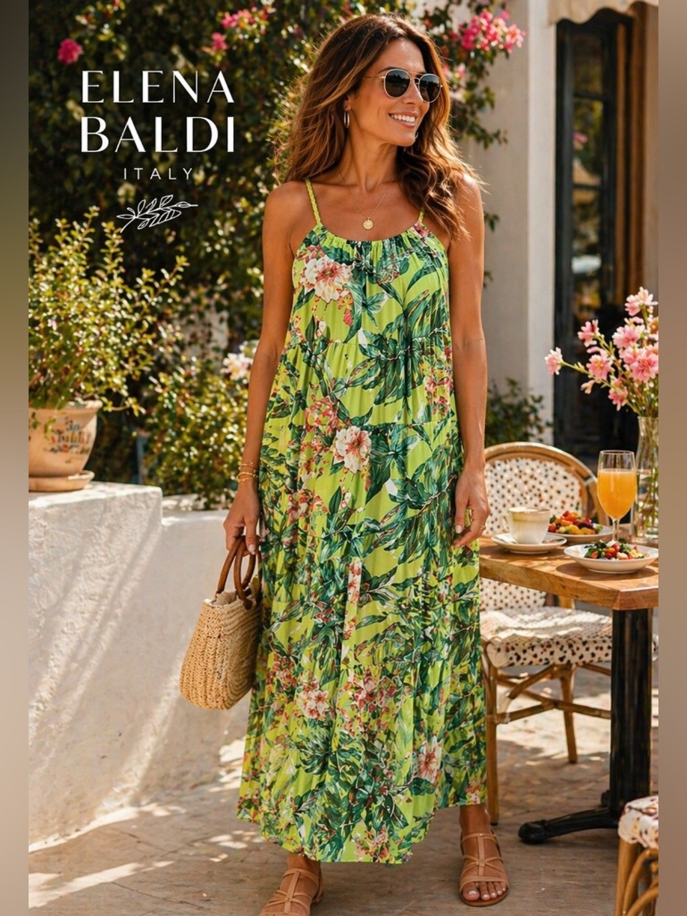 Elena Baldi, Luxury Silk Blend, Dress,Tiered,Floral Size Medium, Green Tropical